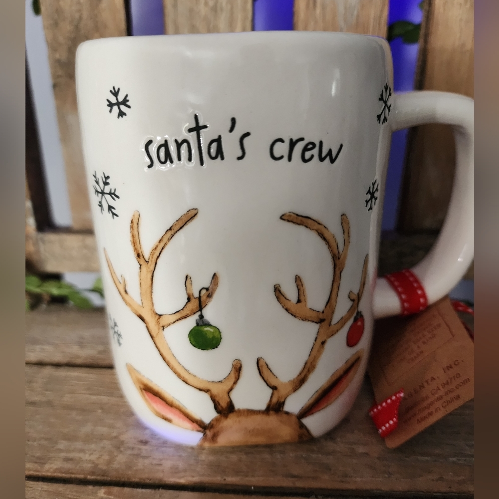 New Release Rae Dunn Reindeer Antlers "Santa's crew" Mug